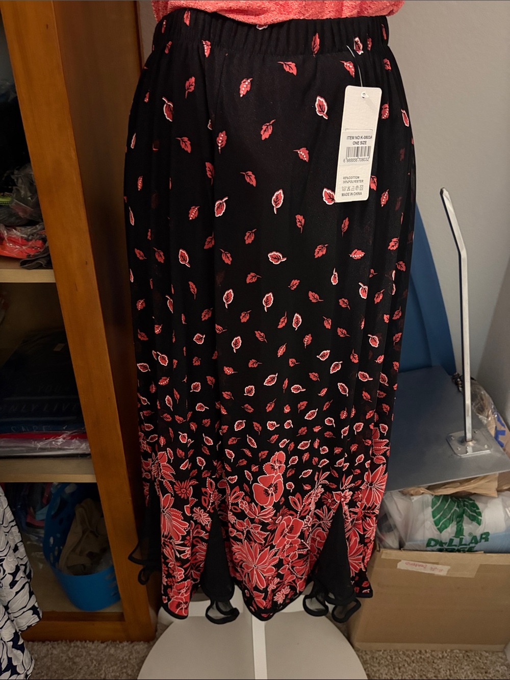Black and Coral Floral Midi Skirt - Elegant Women’s Skirt